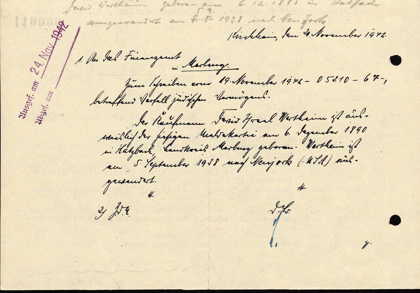 Das Finanzamt in Marburg an den Bürgermeister in Kirchain, bzgl. des Verfalls jüdischen Vermögens, 19. November 1942