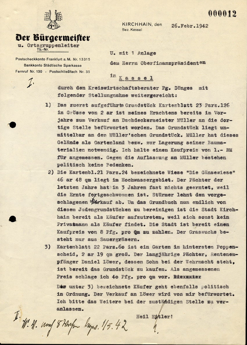 Der Bürgermeister u. Ortsgruppenleiter in Kirchhain an den Oberfinanzpräsidenten in Kassel, bezüglich dem Verkauf jüdischer Grundstücke.