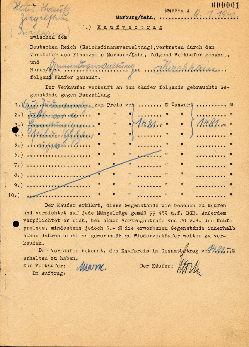 Kaufvertrag zwischen dem Finanzamt Marburg und der Gemeindeverwaltung Kirchhain, über früheres jüdisches Eigentum, 9. Januar 1941