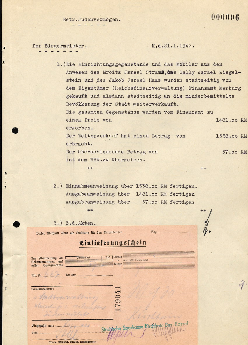 Kaufvertrag zwischen dem Finanzamt Marburg und der Gemeindeverwaltung Kirchhain, über früheres jüdisches Eigentum, 9. Januar 1941
