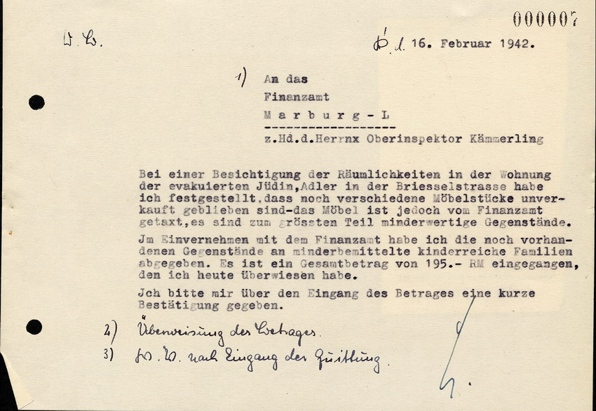Brief ans Finanzamt Marburg und bitte über Eingangsbestätigung von Erlösen aus dem Verkauf des Eigentums von deportierten Juden, 16. Februar 1942