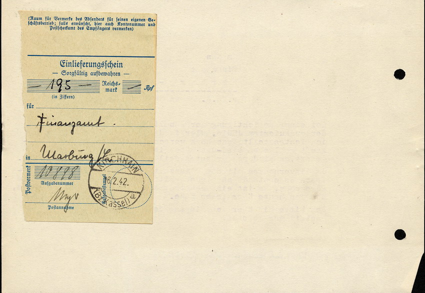 Brief ans Finanzamt Marburg und bitte über Eingangsbestätigung von Erlösen aus dem Verkauf des Eigentums von deportierten Juden, 16. Februar 1942