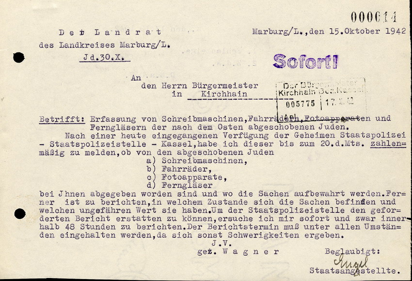 Brief des Landrats an den Bürgermeister in Kirchhain, betreffend das Eigentum von nach Osten deportierten Juden aus Kirchhain, 15. Oktober 1942