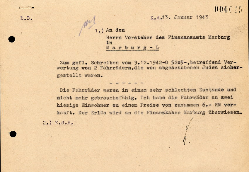 Brief ans Finanzamt Marburg zum Schreiben vom 9.12.1942 betreffend der Verwertung von 2 Fahrrädern, die aus dem Besitz von deportierten Juden beschlagnahmt wurden. 13. Januar 1943