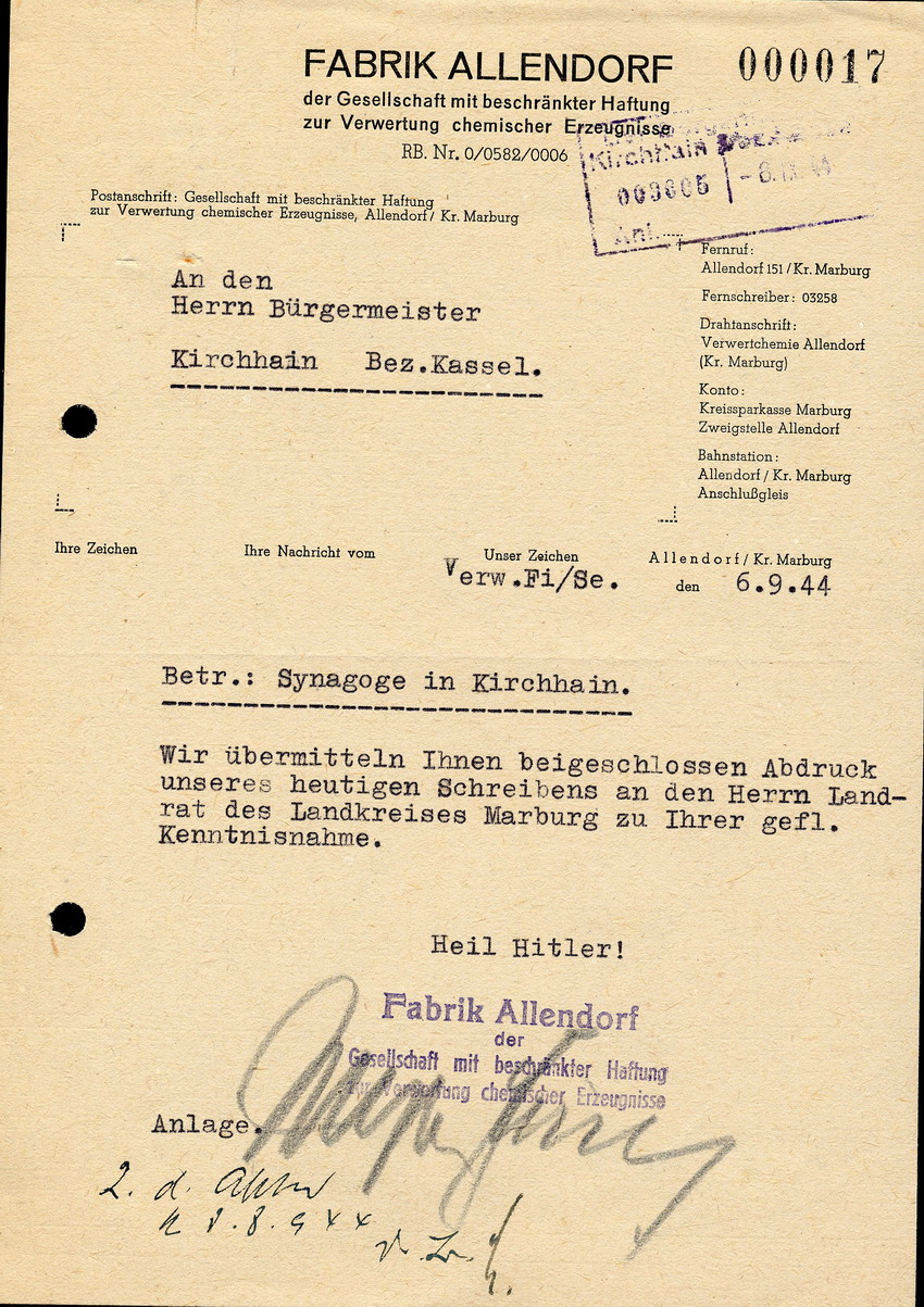 Die Fabrik Allendorf schreibt an den Bürgermeister in Kirchhain bezüglich der ehemaligen  Synagoge, 6. September 1944