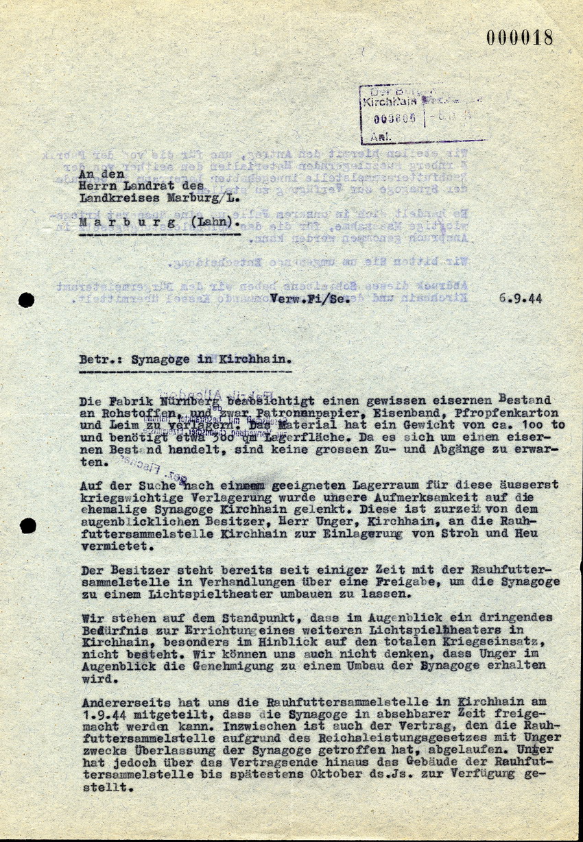 Die Fabrik Allendorf schreibt an den Bürgermeister in Kirchhain bezüglich der ehemaligen  Synagoge, 6. September 1944