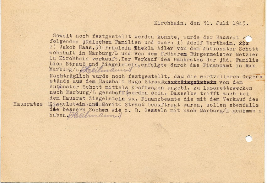 Brief des Finanzamtes Marburg an den Bürgermeister in Kirchhain, betreffend der Feststellung der Käufer von jüdischem Eigentum. 24 Juli 1945