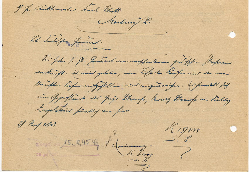 Brief des Finanzamtes Marburg an den Bürgermeister in Kirchhain, Anweisung zur der Feststellung der Käufer ehem. Jüdischen Hausraus, 11. August 1945