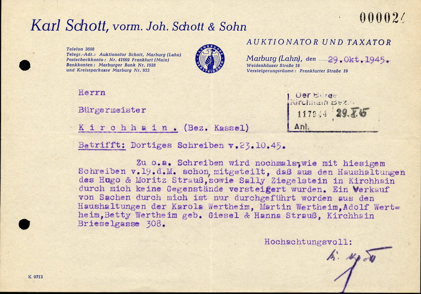 Brief und Liste von Gegenständen aus dem Besitz von jüd. Einwohnern aus Kirchhain, die von Karl Schott verkauft worden sind, 19.10.1945