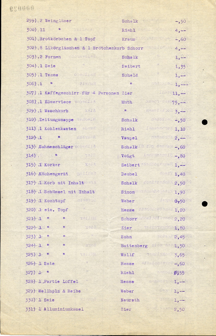 Brief und Liste von Gegenständen aus dem Besitz von jüd. Einwohnern aus Kirchhain, die von Karl Schott verkauft worden sind, 19.10.1945