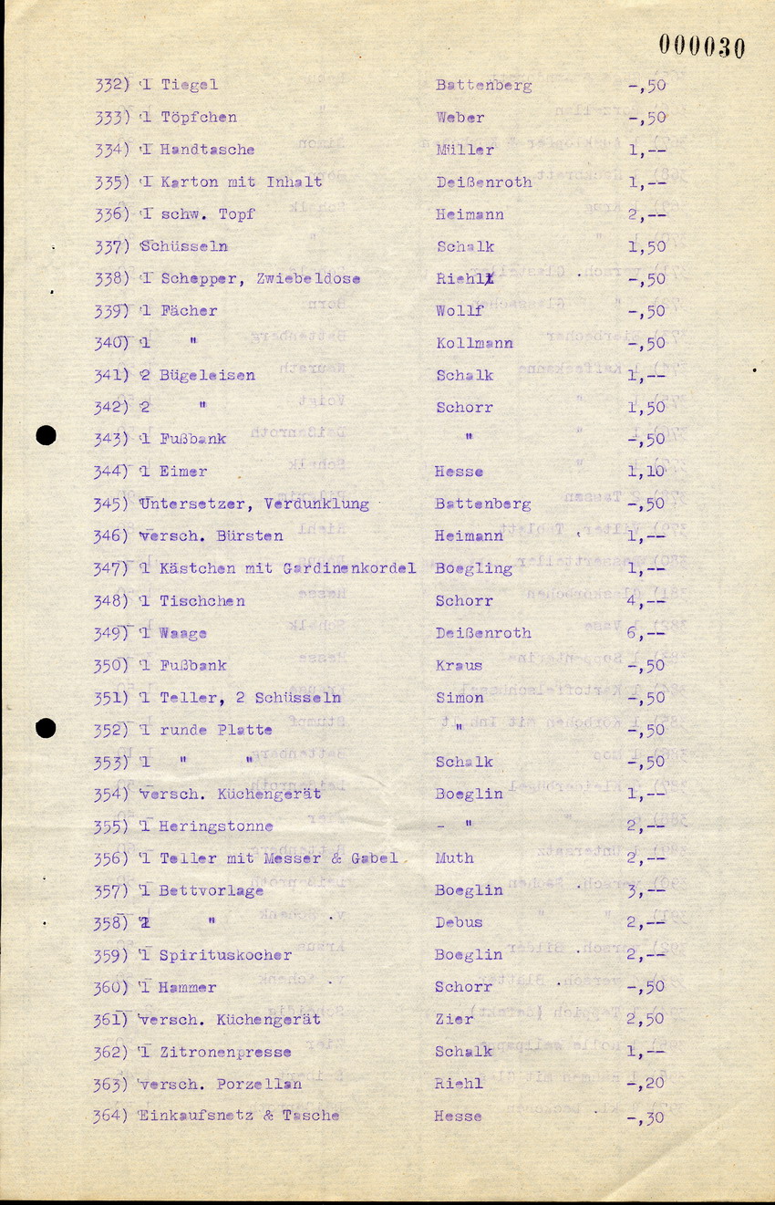 Brief und Liste von Gegenständen aus dem Besitz von jüd. Einwohnern aus Kirchhain, die von Karl Schott verkauft worden sind, 19.10.1945