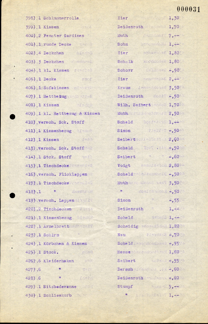 Brief und Liste von Gegenständen aus dem Besitz von jüd. Einwohnern aus Kirchhain, die von Karl Schott verkauft worden sind, 19.10.1945
