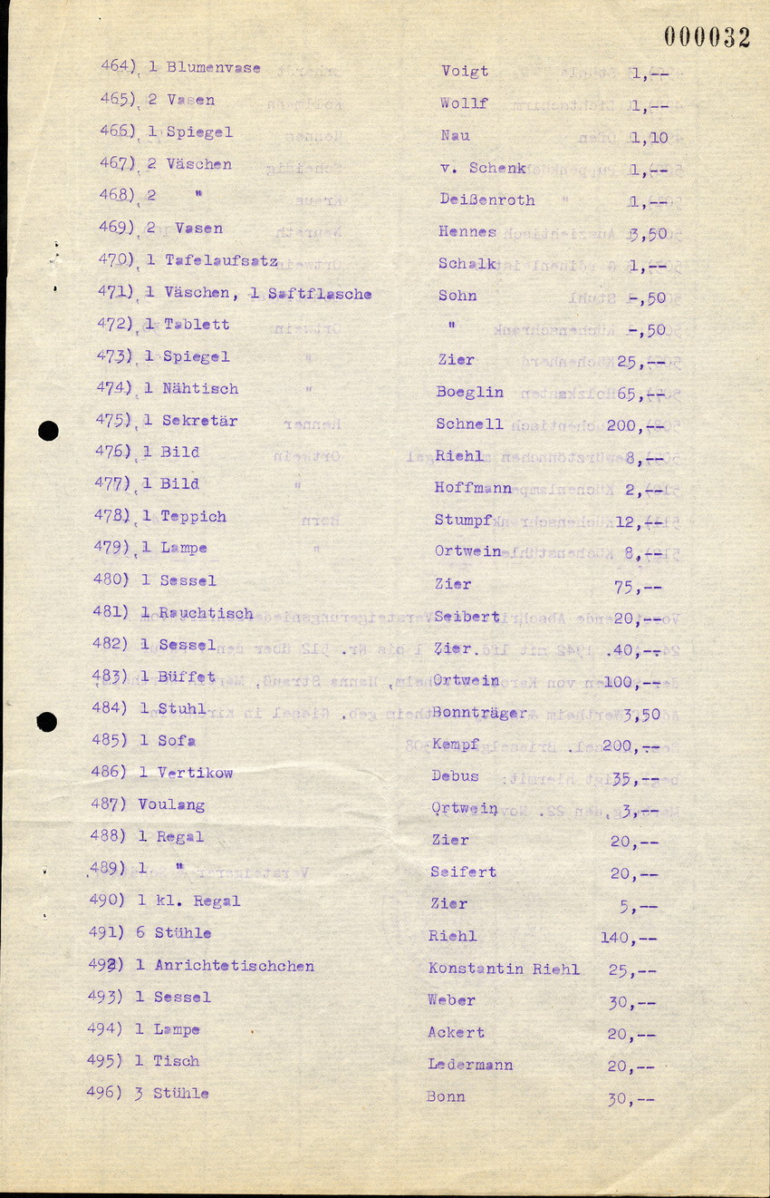 Brief und Liste von Gegenständen aus dem Besitz von jüd. Einwohnern aus Kirchhain, die von Karl Schott verkauft worden sind, 19.10.1945
