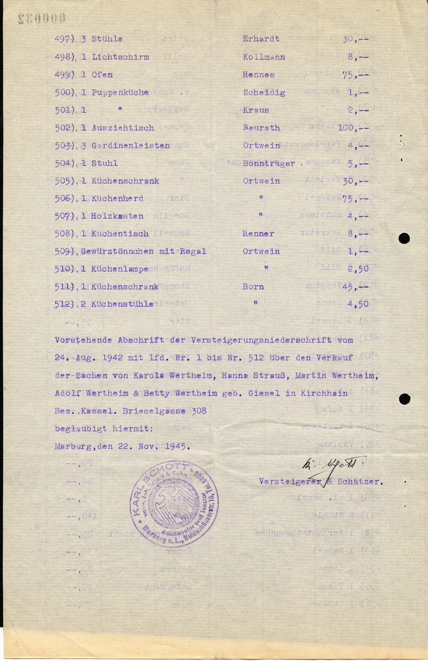 Brief und Liste von Gegenständen aus dem Besitz von jüd. Einwohnern aus Kirchhain, die von Karl Schott verkauft worden sind, 19.10.1945