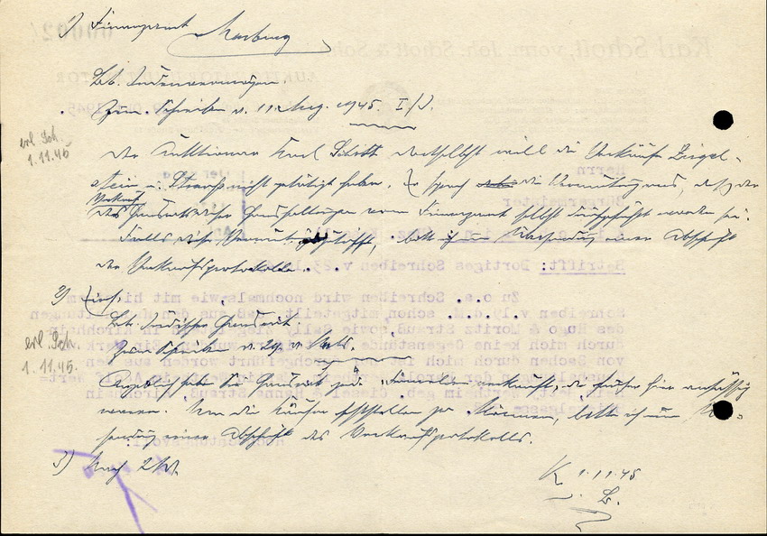 Brief und Liste von Gegenständen aus dem Besitz von jüd. Einwohnern aus Kirchhain, die von Karl Schott verkauft worden sind, 19.10.1945