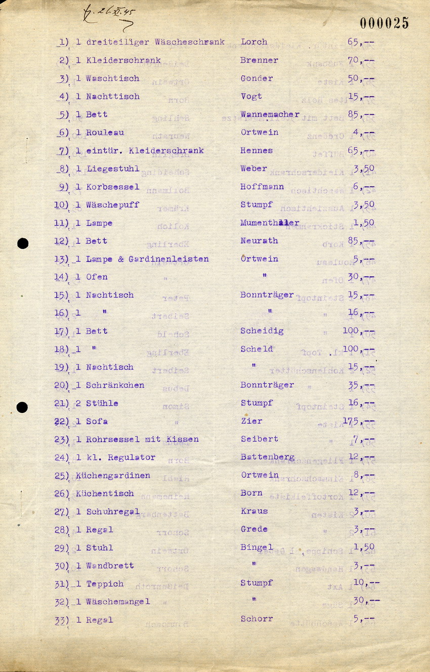 Brief und Liste von Gegenständen aus dem Besitz von jüd. Einwohnern aus Kirchhain, die von Karl Schott verkauft worden sind, 19.10.1945
