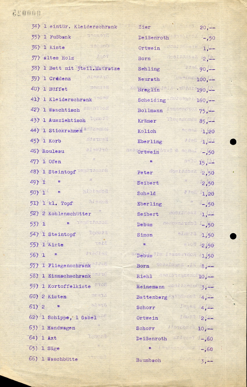 Brief und Liste von Gegenständen aus dem Besitz von jüd. Einwohnern aus Kirchhain, die von Karl Schott verkauft worden sind, 19.10.1945