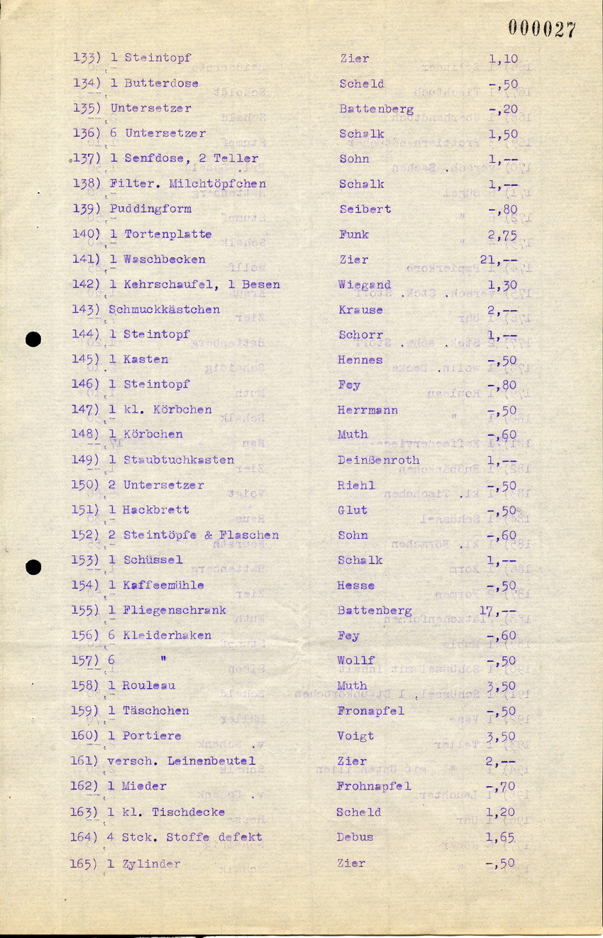 Brief und Liste von Gegenständen aus dem Besitz von jüd. Einwohnern aus Kirchhain, die von Karl Schott verkauft worden sind, 19.10.1945
