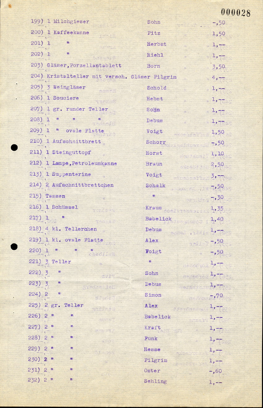 Brief und Liste von Gegenständen aus dem Besitz von jüd. Einwohnern aus Kirchhain, die von Karl Schott verkauft worden sind, 19.10.1945