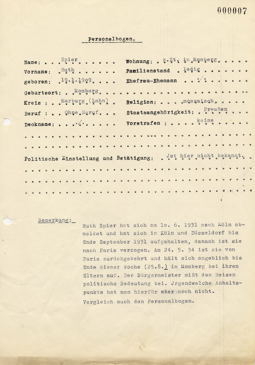 Personalbogen von Ruth Spier betreffend Rückkehr aus Paris, [1934].