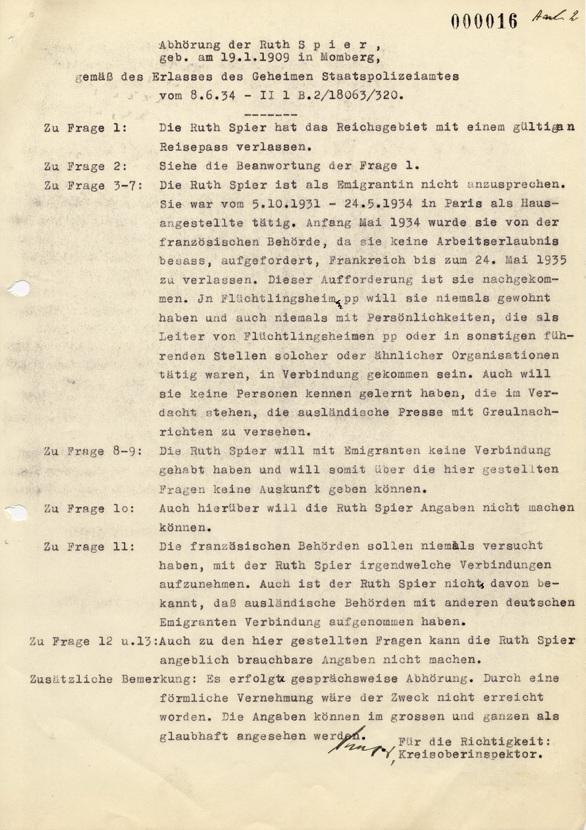 Protokoll der Vernehmung von Ruth Spier betreffend Aufenthalt in Paris, [1934].