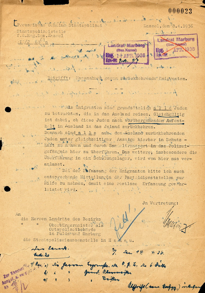 Verfügung der Staatspolizeistelle für den Regierungsbezirk Kassel betreffend Massnahmen gegen zurückkehrende jüdische "Emigranten", 8. April 1936.