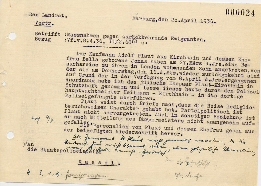 Schreiben des Landrats in Marburg an die Staatspolizeistelle in Kassel betreffend Maßnahmen bei dem aus London zurückgekehrten jüdischen Ehepaar Plaut, 20. April 1936.