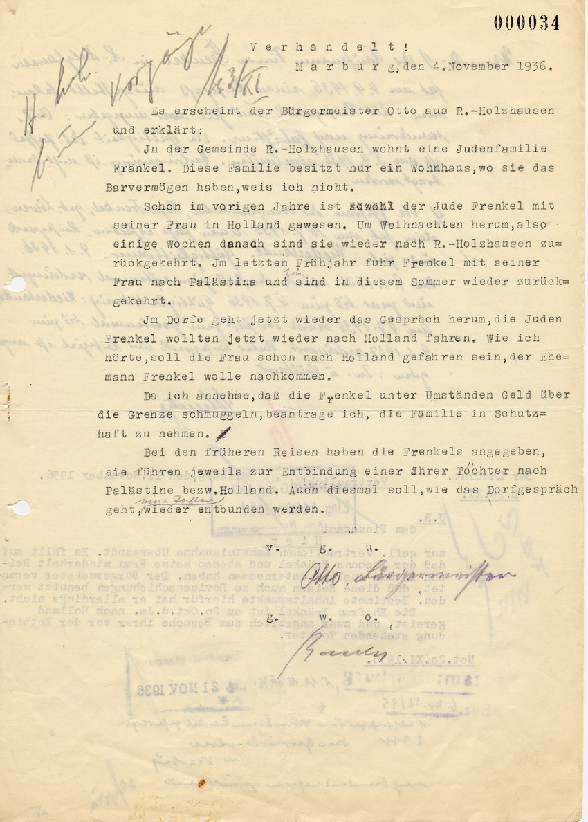 Aussage des Bürgermeisters Otto aus Rauischholzhausen betreffend Verdacht des Schmuggels durch die jüdische Familie Frenkel aufgrund mehrmaliger Reisen ins Ausland, 4. November 1936.