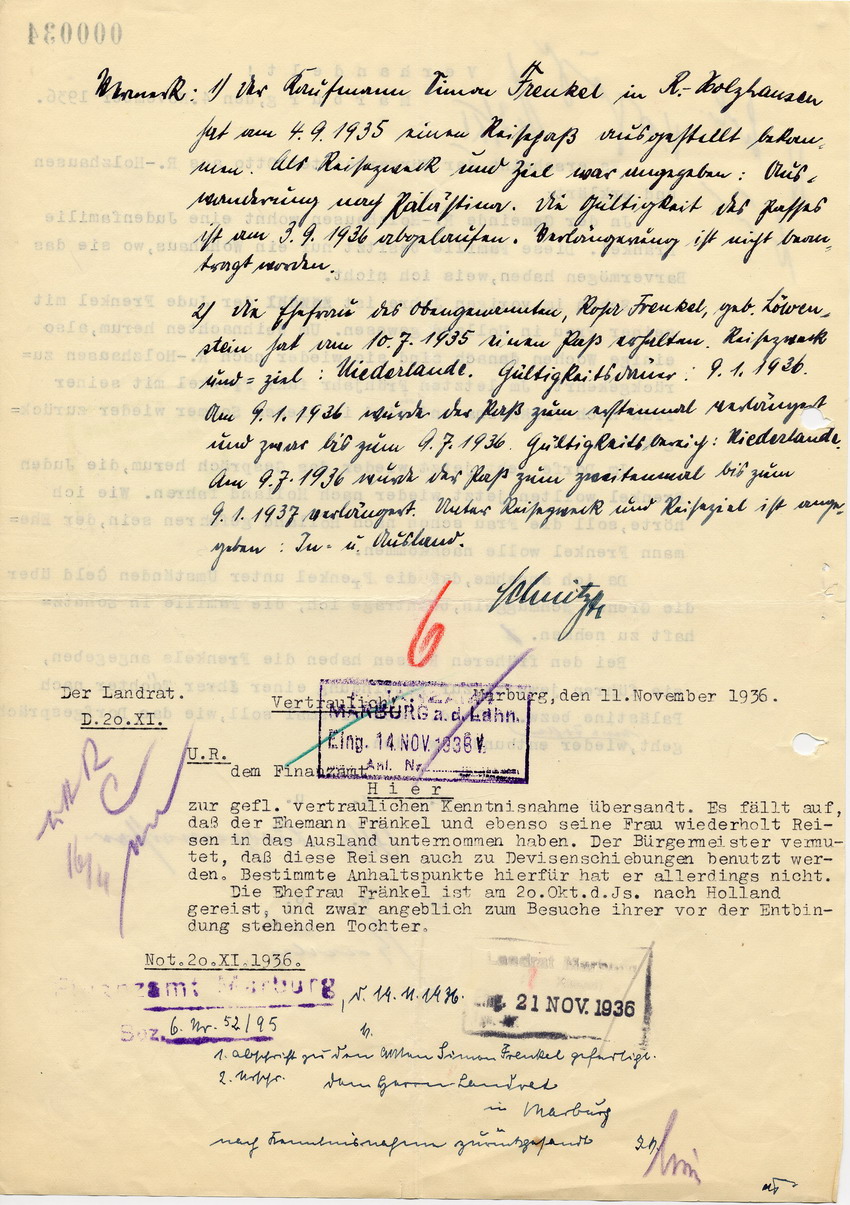 Aussage des Bürgermeisters Otto aus Rauischholzhausen betreffend Verdacht des Schmuggels durch die jüdische Familie Frenkel aufgrund mehrmaliger Reisen ins Ausland, 4. November 1936.