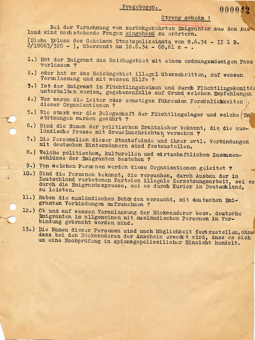 Streng geheimer Fragebogen für die Vernehmung zurückgekehrter "Emigranten", [1934].