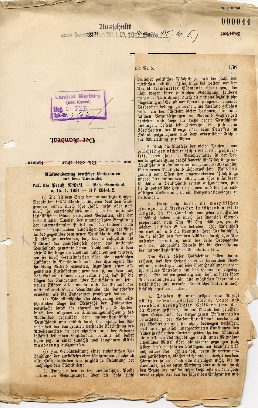 Erlass des Preußischen Ministerpräsidenten betreffend Rückkehr deutscher "Emigranten" aus dem Ausland, 15. Januar 1934.