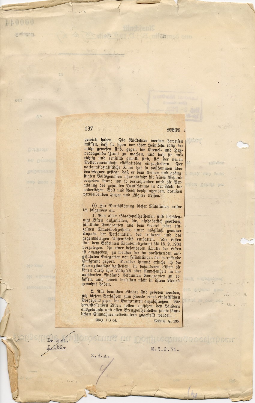 Erlass des Preußischen Ministerpräsidenten betreffend Rückkehr deutscher "Emigranten" aus dem Ausland, 15. Januar 1934.
