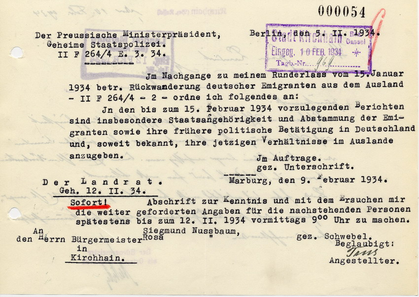 Anordnung des Preussischen Ministerpräsidenten betreffend Angaben zu aus dem Ausland zurückkehrenden "Emigranten", 5. Februar 1934.