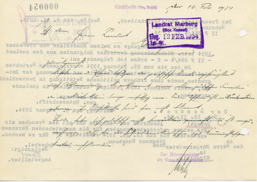 Antwortschreiben des Bürgermeisters in Kirchhain an den Landrat in Marburg, 10. Februar 1934.