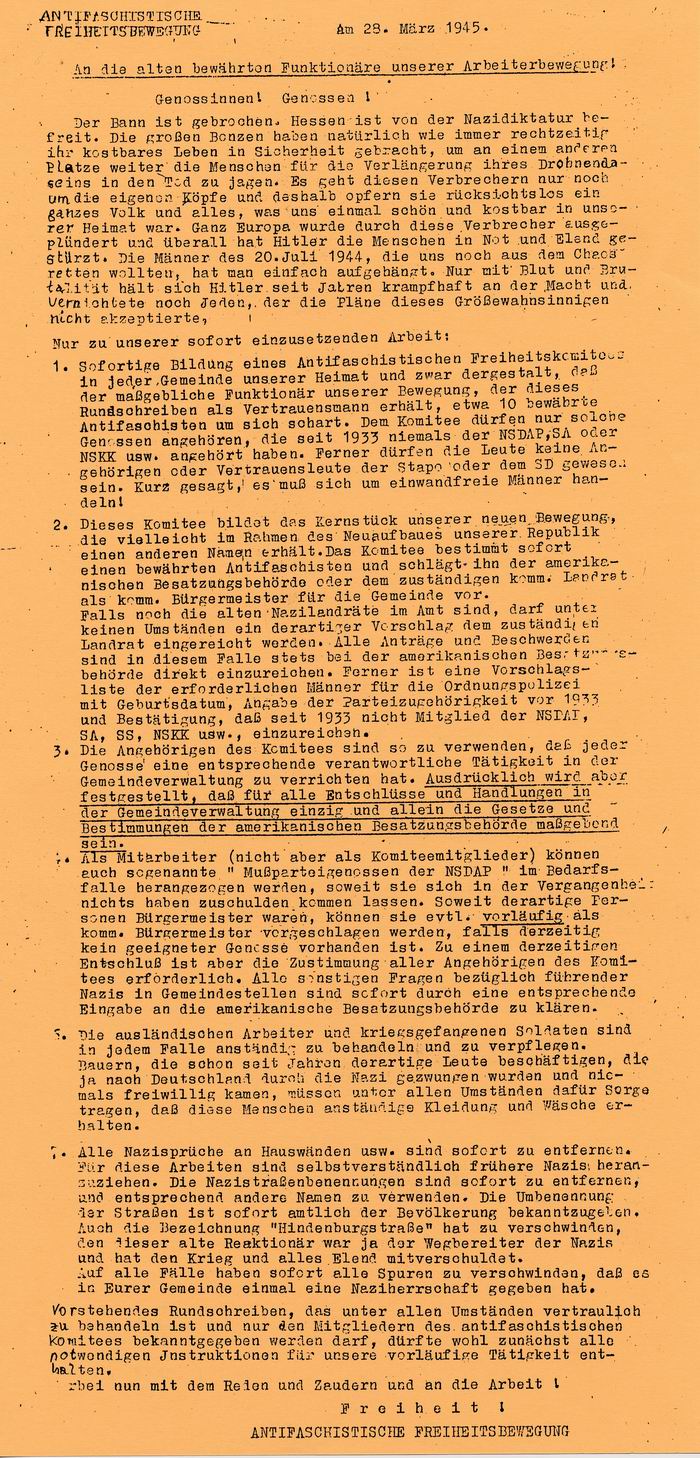 Bild zum Dokument Aufruf: der Antifaschistischen Freiheitsbewegung Hessen: An di