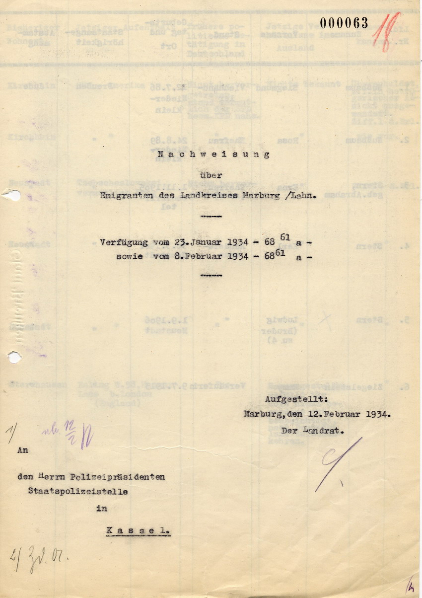 Aufstellung des Landrats in Marburg für den Polizeipräsidenten der Staatspolizeistelle in Kassel betreffend "Emigranten" im Landkreis Marburg, 12. Februar 1934.