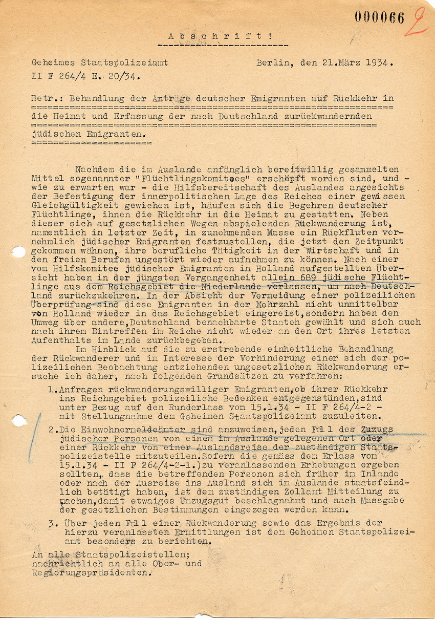 Schreiben des Geheimen Staatspolizeiamts betreffend Behandlung der Anträge auf Rückkehr deutscher "Emigranten" und Erfassung der nach Deutschland zurückkehrenden jüdischen "Emigranten", 21. März 1934.
