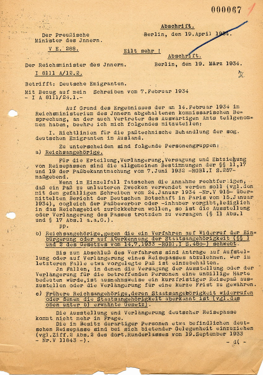 Schreiben des Reichsministers des Innern betreffend Richtlinien für die Behandlung von Pässen "deutscher Emigranten im Ausland", 19. März 1934.