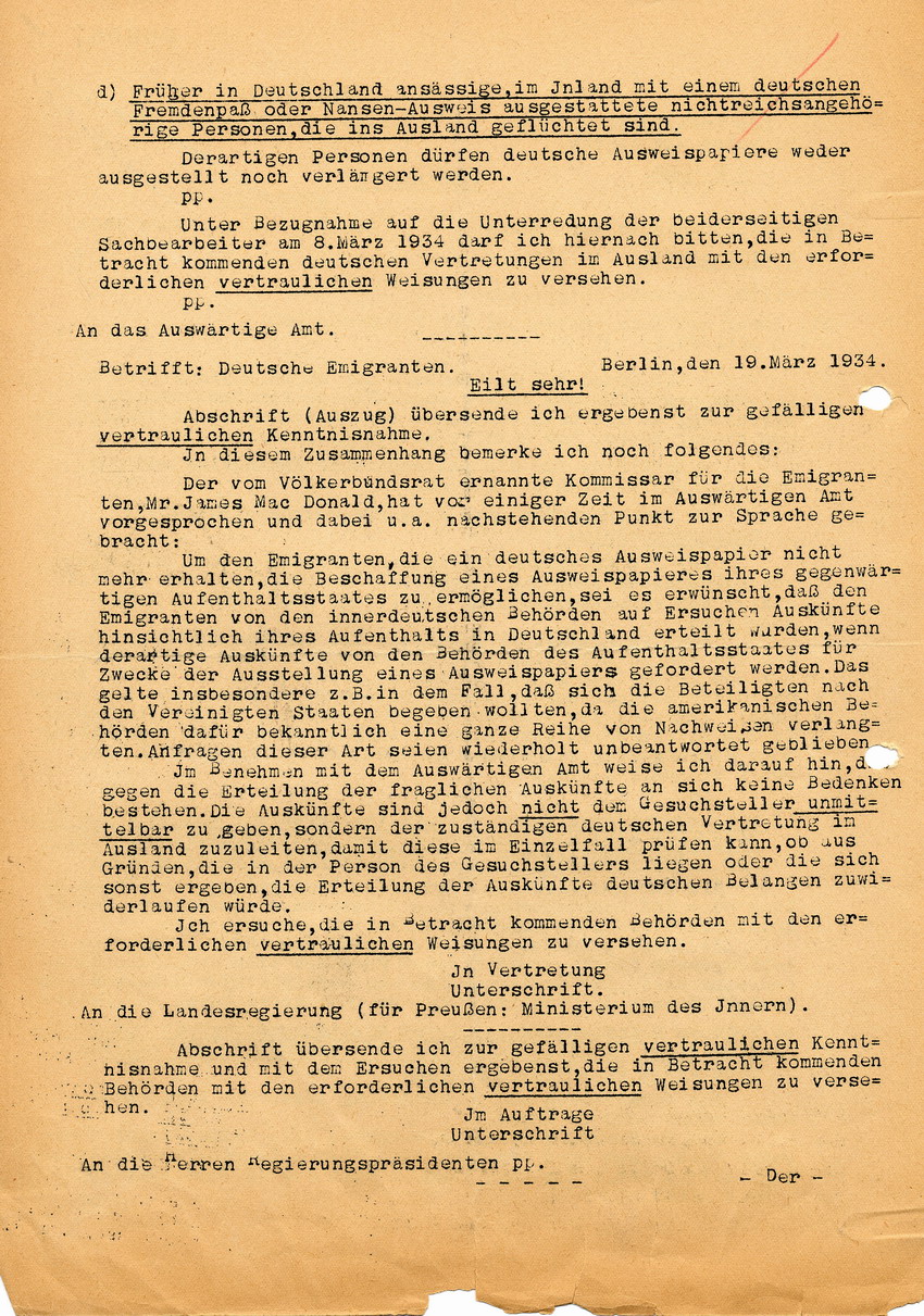 Schreiben des Reichsministers des Innern betreffend Richtlinien für die Behandlung von Pässen "deutscher Emigranten im Ausland", 19. März 1934.