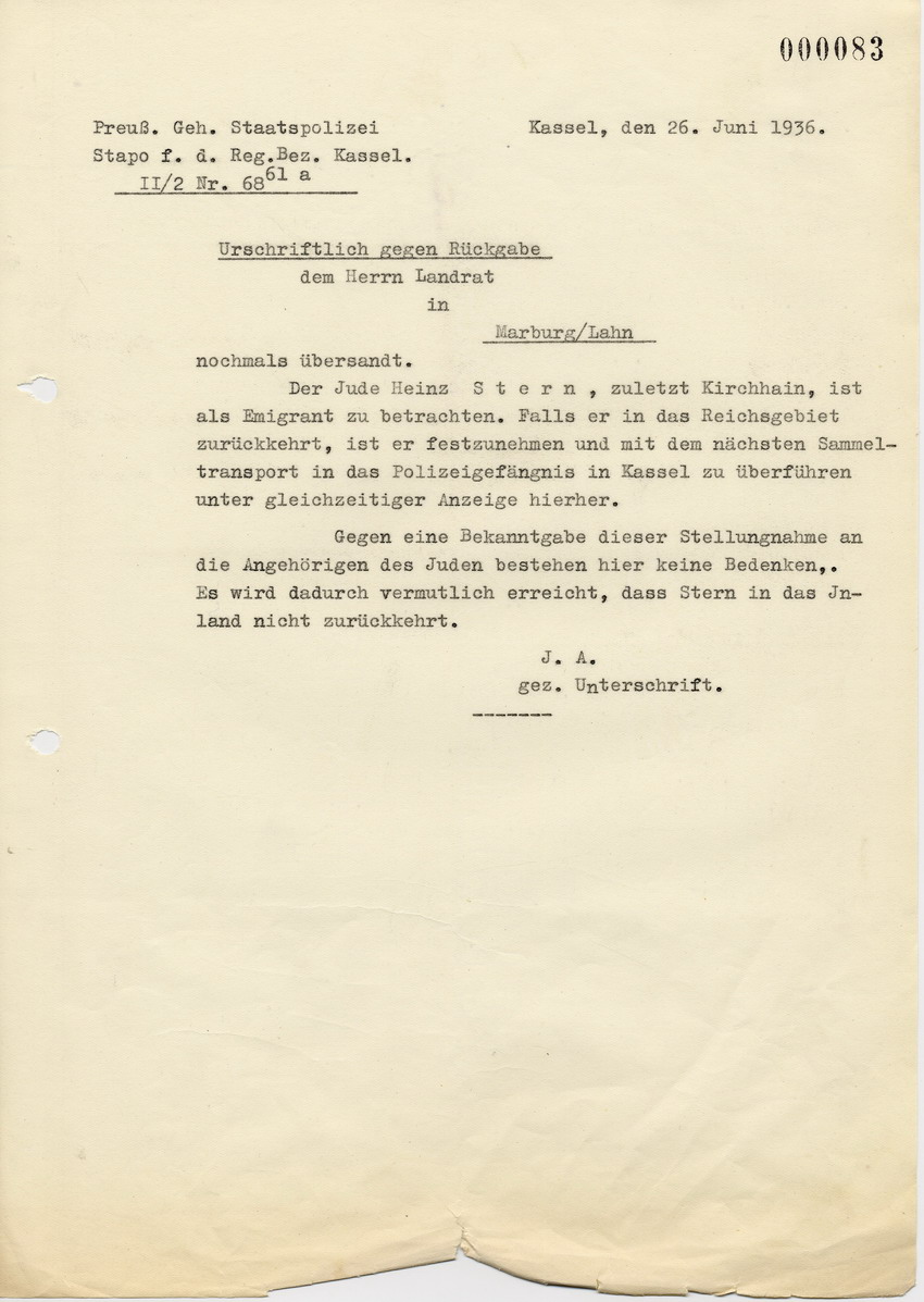 Schreiben der Staatspolizeistelle für den Regierungsbezirk Kassel an den Landrat in Marburg betreffend Maßnahmen bei Rückkehr von Heinz Stern, 26. Juni 1936.