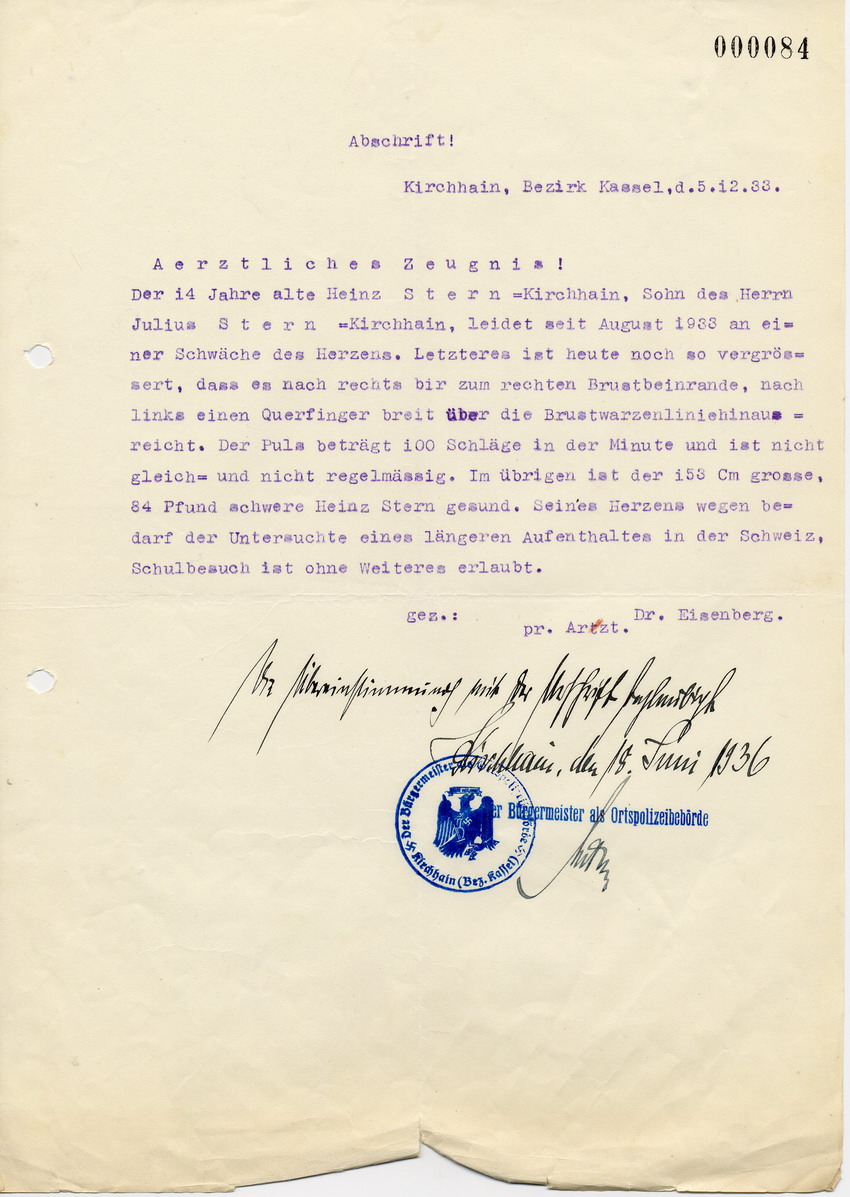 Ärztliches Zeugnis betreffend Gesundheitszustand von Heinz Stern, 5. Dezember 1933.