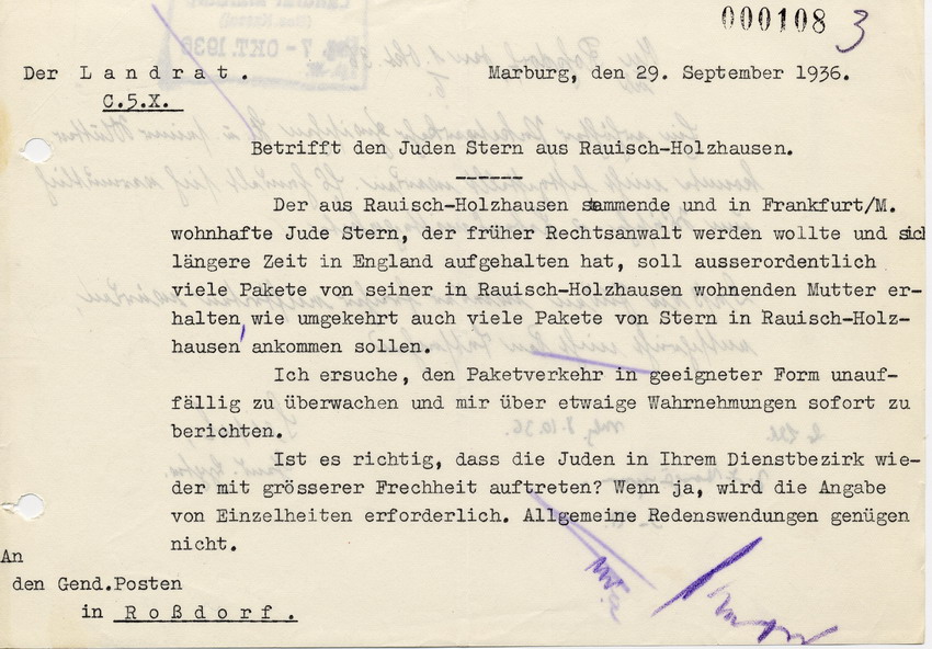 Schreiben des Landrats in Marburg an den Gendarmerieposten in Roßdorf betreffend Überwachung des Paketverkehrs von Stern, 29. September 1936.