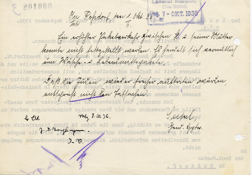 Antwortschreiben vom Gendarmerieposten in Roßdorf an den Landrat in Marburg betreffend vermutlich erhöhter Paketverkehr von Stern mit seiner Mutter, 1. Oktober 1936.