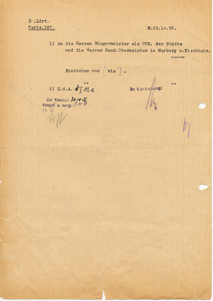 Schreiben der Staatspolizeistelle für den Regierungsbezirk Kassel betreffend Begriff "Emigrant", 7. Oktober 1936.
