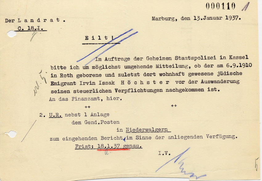 Schreiben des Landrats in Marburg betreffend Wahrnehmung der steuerlichen Verpflichtungen durch den Juden Irvin Isaak Höchster vor seiner "Emigration", 13. Januar 1937.