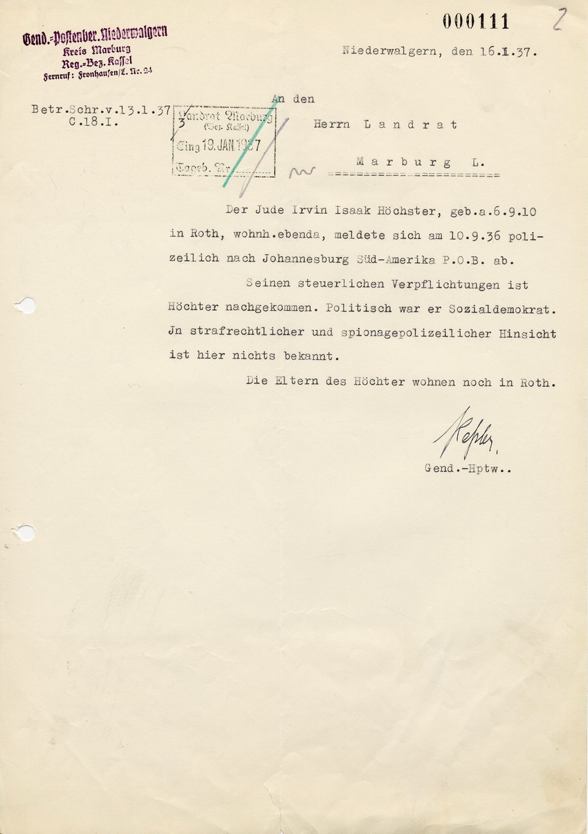 Antwortschreiben vom Gendarmerieposten in Niederwalgern betreffend "Emigration" des Juden Irvin Isaak Höchster aus Roth, 16. Januar 1937.