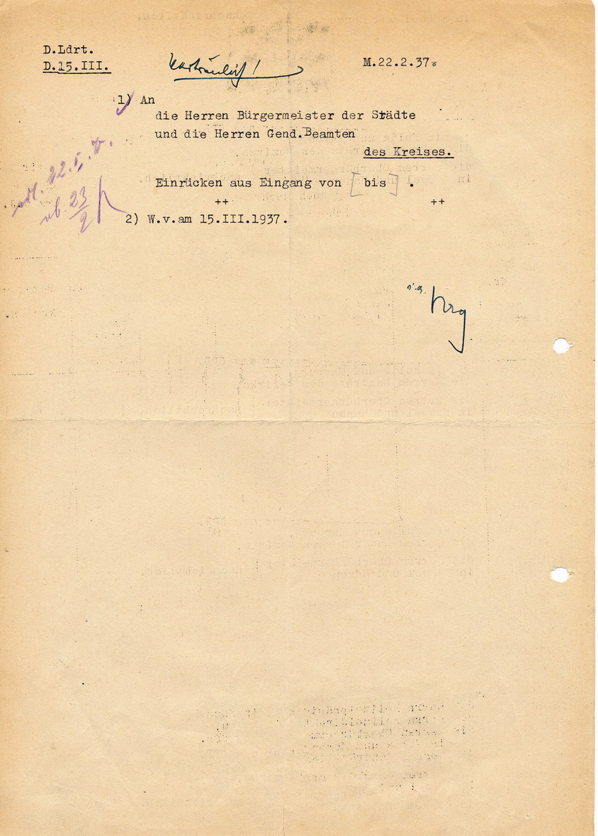 Schreiben des Regierungspräsidenten in Kassel betreffend Ersuchen um Aufstellung zu jüdischen "Wanderungsbewegungen", 13. Februar 1937.