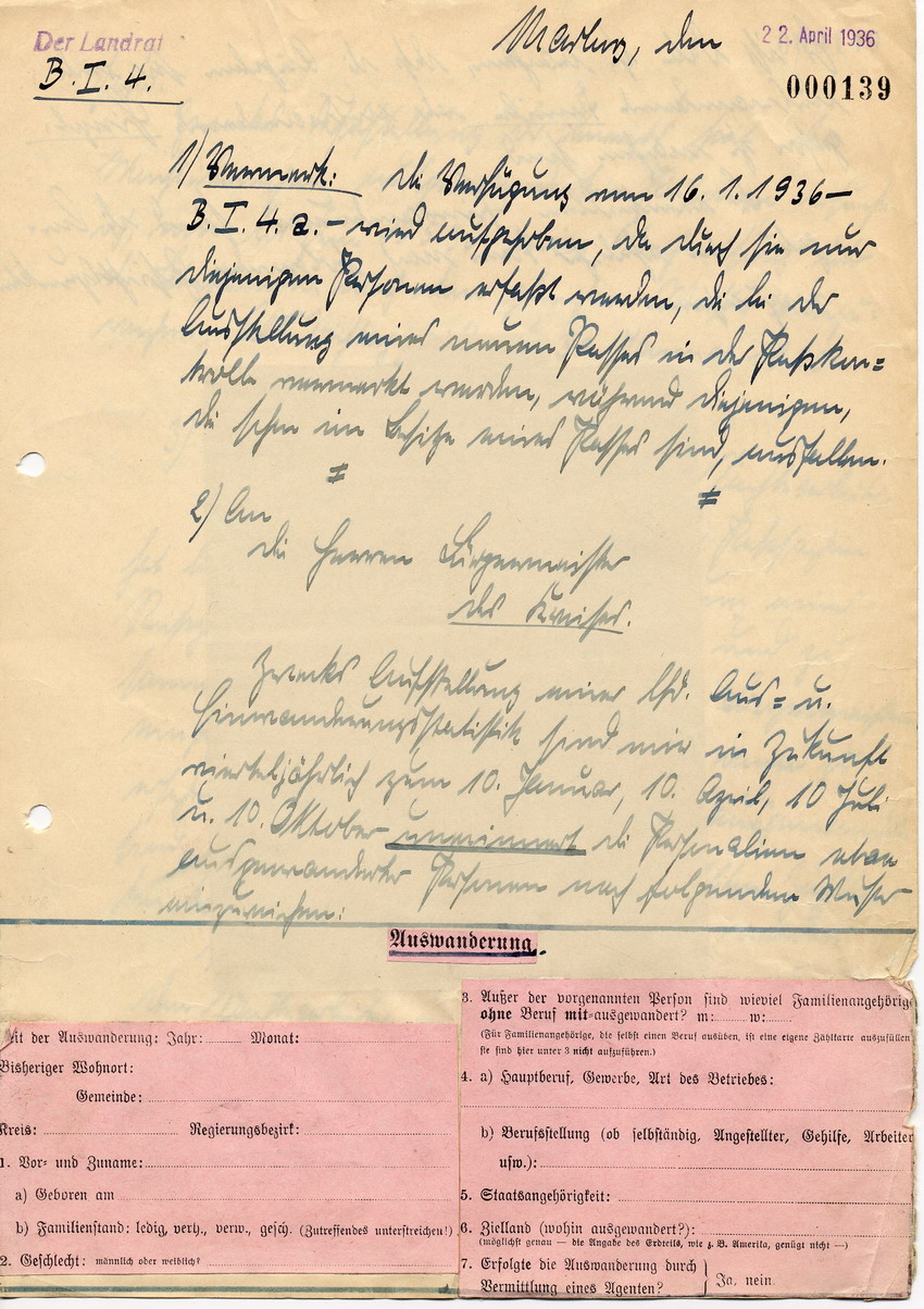 Schreiben und Aktenvermerk des Landrats in Marburg an die Bürgermeister des Kreises betreffend "Ein- und Auswanderung", 22. April 1936.