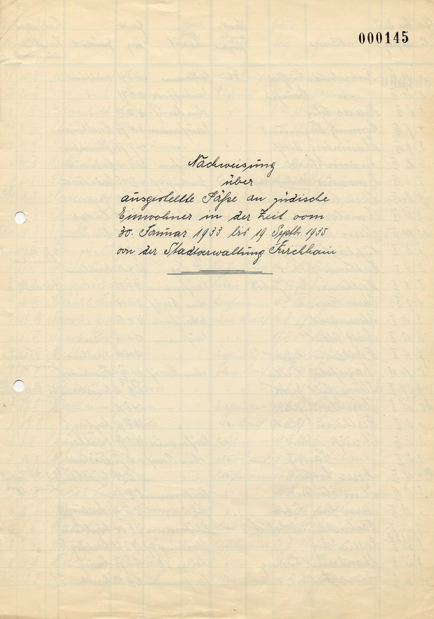 Aufstellung betreffend an jüdische Einwohner von der Stadtverwaltung Kirchhain ausgestellte Pässe, 30. Januar 1933-19. September 1935.