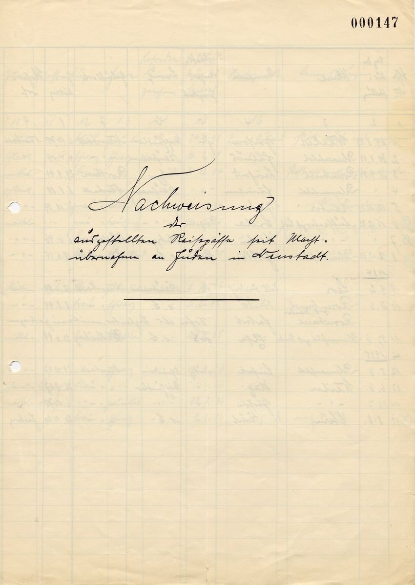 Aufstellung betreffend an jüdische Einwohner ausgestellte Reisepässe in Neustadt, 29. März 1933-8. August 1935.
